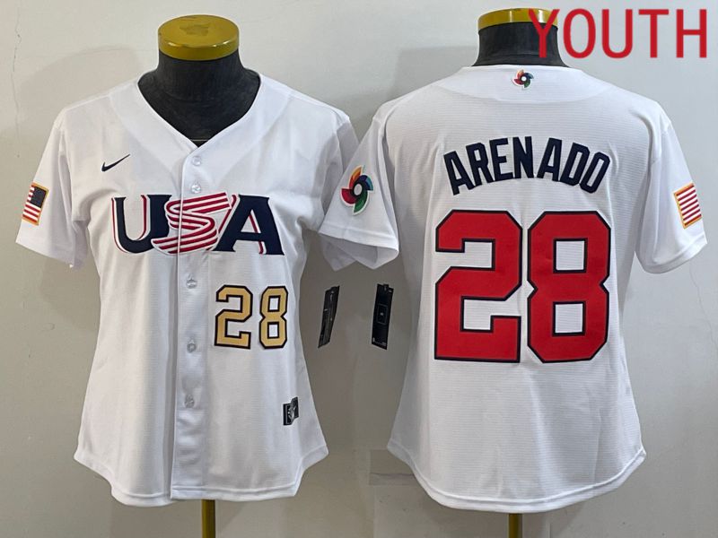 Youth 2023 World Cub USA #28 Arenado White MLB Jersey1->youth mlb jersey->Youth Jersey